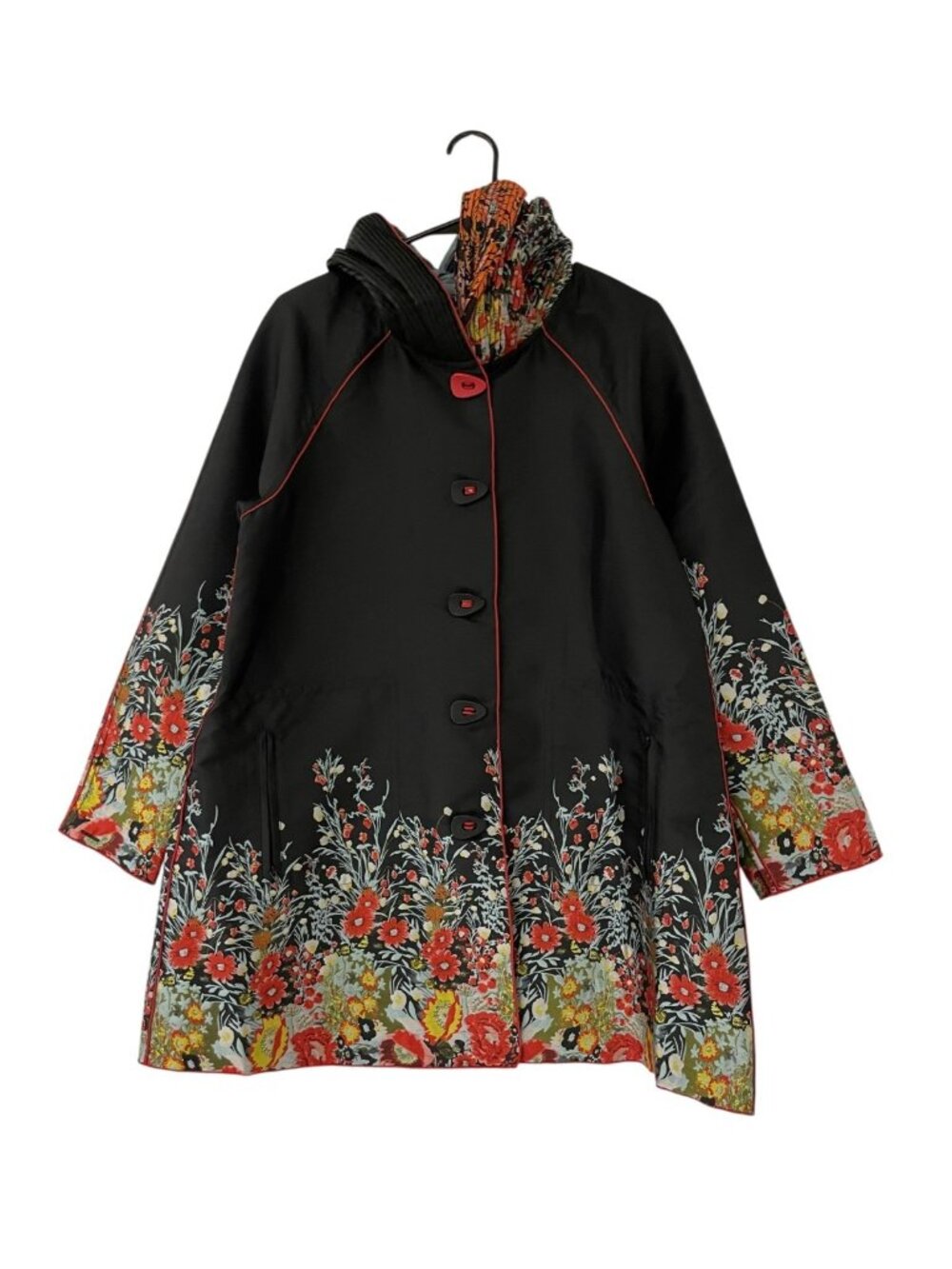 UbU London Towne Womens Raincoat Jacket XS Red Floral Hooded Reversible NWT